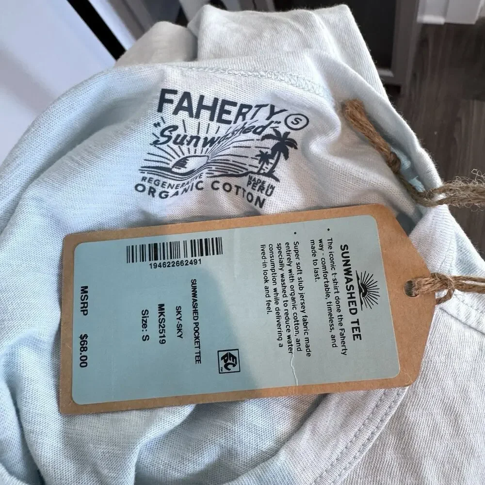 Faherty Sunwashed Pocket Tee Sky Blue Soft Slub Jersey T-Shirt Small NEW Tee - Picture 6 of 7